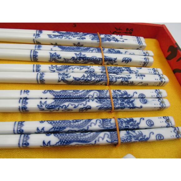 NEW with Gift Box Dragon Chopsticks Porcelain China Blue White Four Sets w Rests - Picture 2 of 12